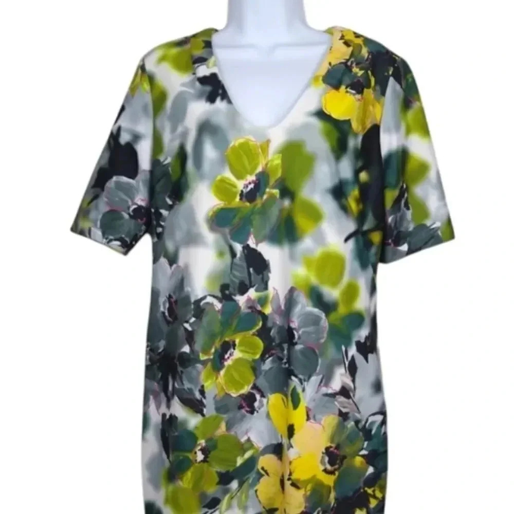 Donna Ricco Black Grey Yellow Floral Sheath Dress Short Sleeve Size 14
